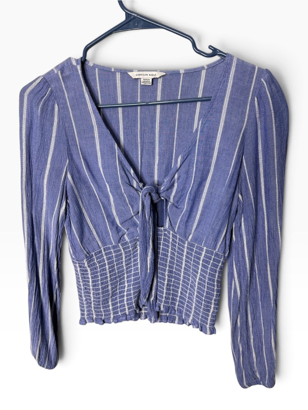 American Eagle Blue White Striped Size Medium Tie Front Smocked Blouse